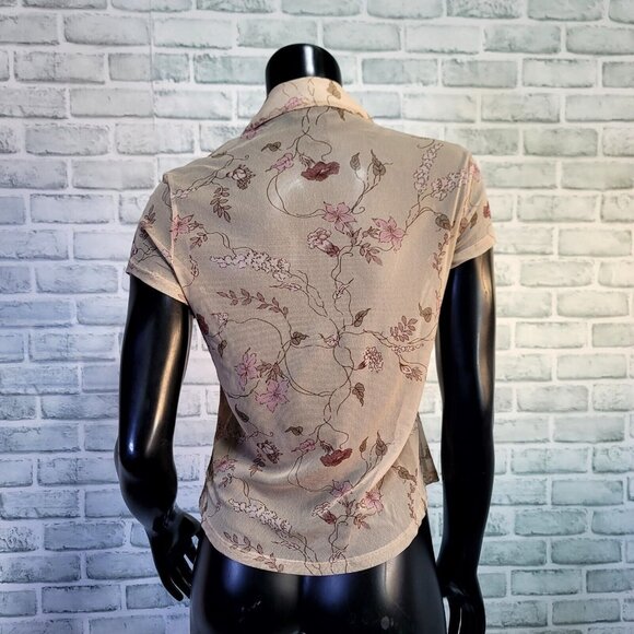 Vintage 90s Y2K The Limited Sheer Tan Pink Floral Ruffle Pintucked Button Front - Picture 7 of 9